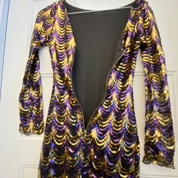Fancy Cocktail Christmas New Year Sequins Mini Dress size XS Black Gold Purple - Picture 5 of 9